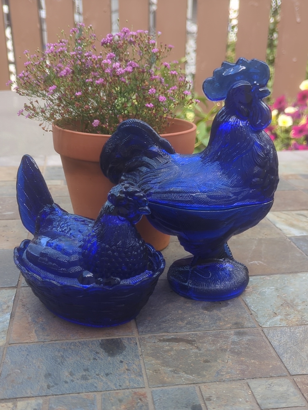 Cobalt Blue Glass Hen on Nest Candy Dish Set With Rooster